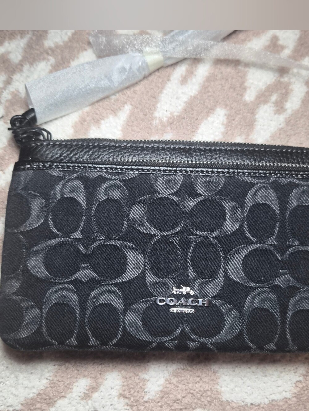 Coach NWOT Black Denim & Leather Signature Double Zip Wallet Wristlet